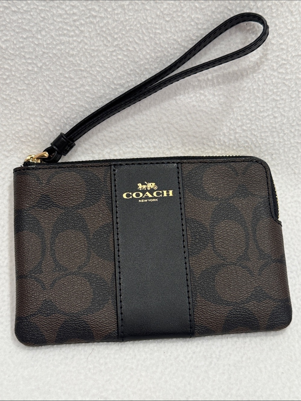 Coach Brown and Black Signature Wristlet with Gold Logo